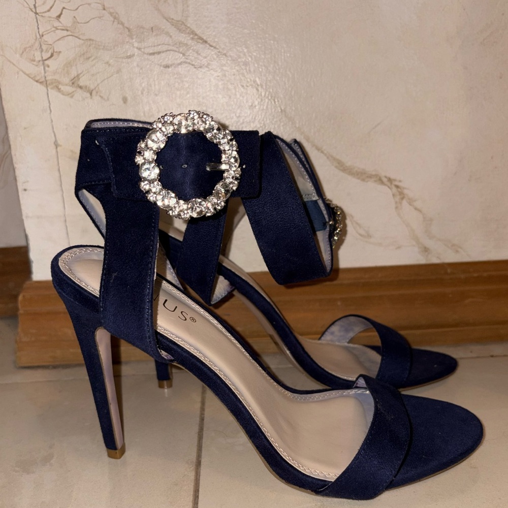 Venus Navy High Heel Sandals with Rhinestone Buckle